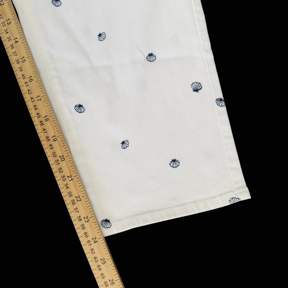 Talbots Crop Straight Leg Jeans White Sz 16 Embroidered Seashells Coastal Beachy